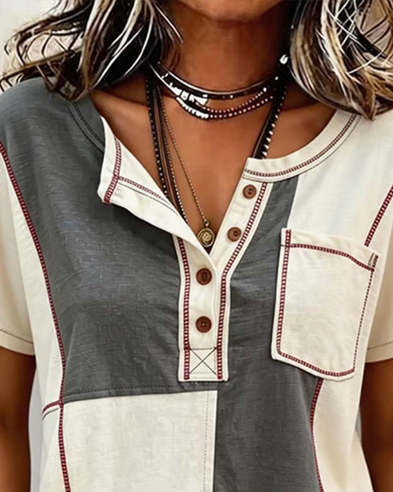 T-Shirt Kontrastfarbe Rundhals Knopf Patchwork