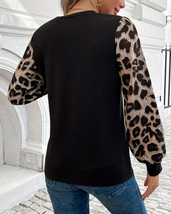 Top Langarm Leopard Print Kontrast