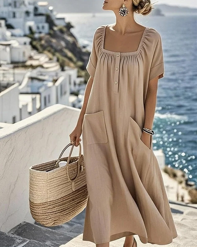 Kleid Quadratischer Ausschnitt Locker Halbgeknöpft Lang