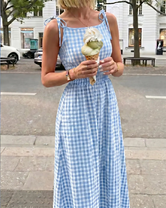 Kleid Schnürung Karo Träger A-Linie