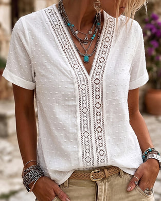 Bluse V-Ausschnitt Diamant Ausschnitt 3D Blumig Uni