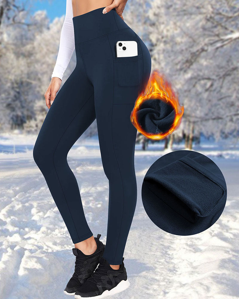 Damen Hohe Taille Fleece Gefütterte Leggings Mit Taschen