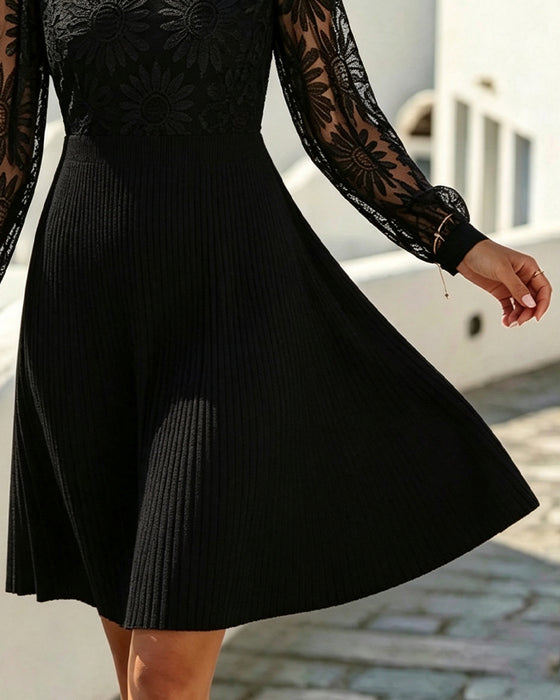 Kleid Rundhals Spitze Patchwork Plissiert