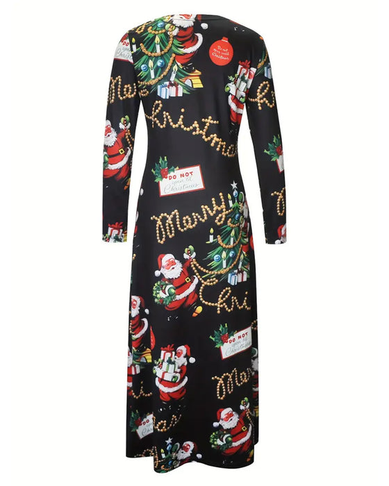 Kleid Schlank Weihnachten Gedruckt Langarm
