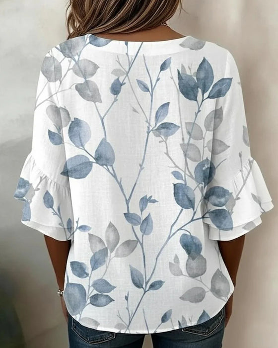 Bluse Flatter Schlagärmel Blatt Print