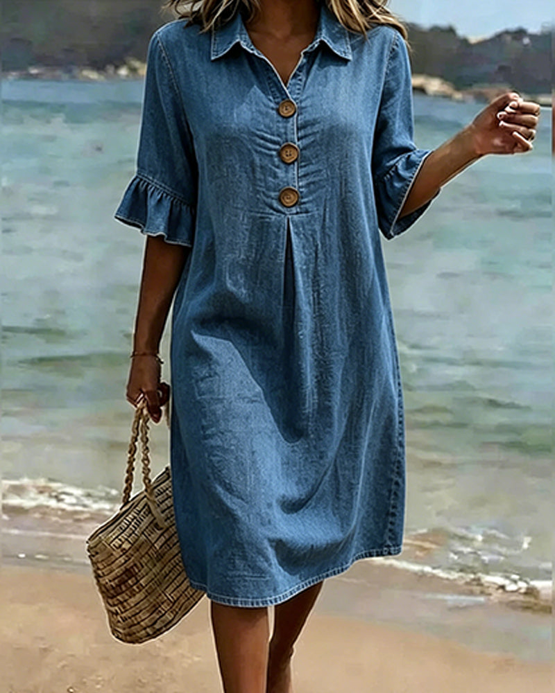 Kleid Denim Rüschenärmel Hemd
