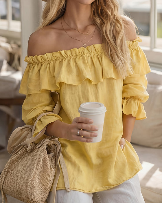 Bluse Off-Shoulder Rüsche Einfarbig Locker