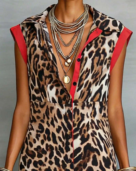 Kleid Revers Leopard Druck Kontrast Maxi