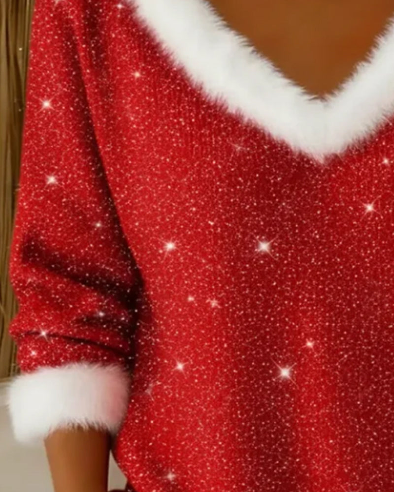 Pullover V Pelzkragen Glänzend Modisch