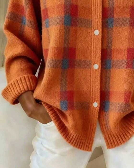 Strickjacke Karomuster Hemdkragen Geknöpft