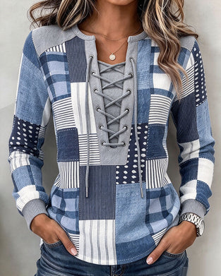 Sweatshirt Schnürung Kariert Langarm Slim