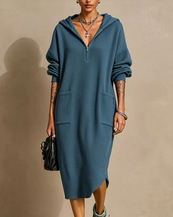Kleid Mit Kapuze Reißverschluss Tasche