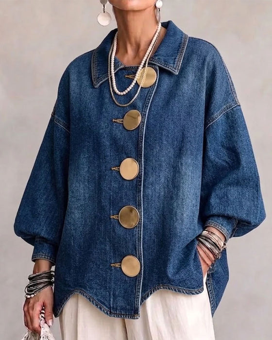 Mantel Revers Geknöpft Puff Ärmel Denim
