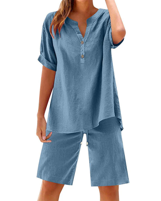 Zwei-Teile Set Henley-Ausschnitt Kurzarm Und Kordelzug Fünf-Punkt Weite Bein Hose