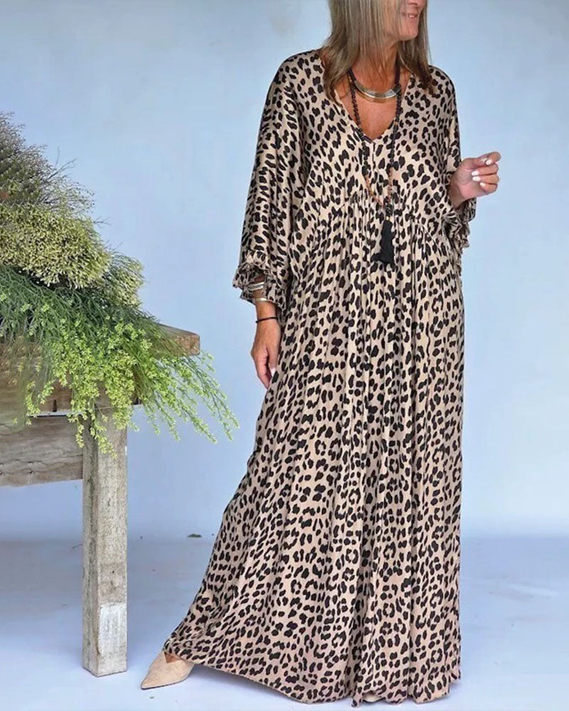 Kleid V-Ausschnitt Leopardenprint Loose Fit Lässig