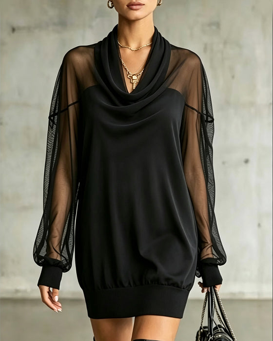 Kleid Cowl-Neck Langarm Mesh