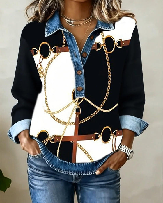Sweatshirt Denim Patchwork Kettenprint