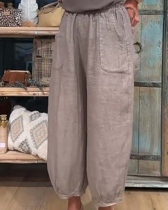 Hose Elastische Taille Tasche Weites Bein Gekürzt