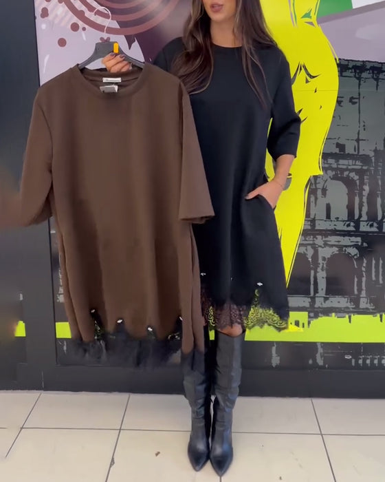 Kleid Elegant Spitze Gekreuzt Runder Halsausschnitt