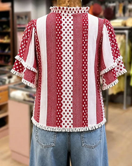 Bluse V-Ausschnitt Tupfen Franse Patchwork
