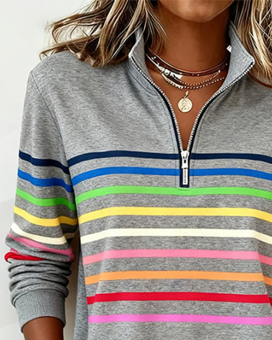 Modisches Sweatshirt Mit Halbem Reißverschluss Und Regenbogenstreifen