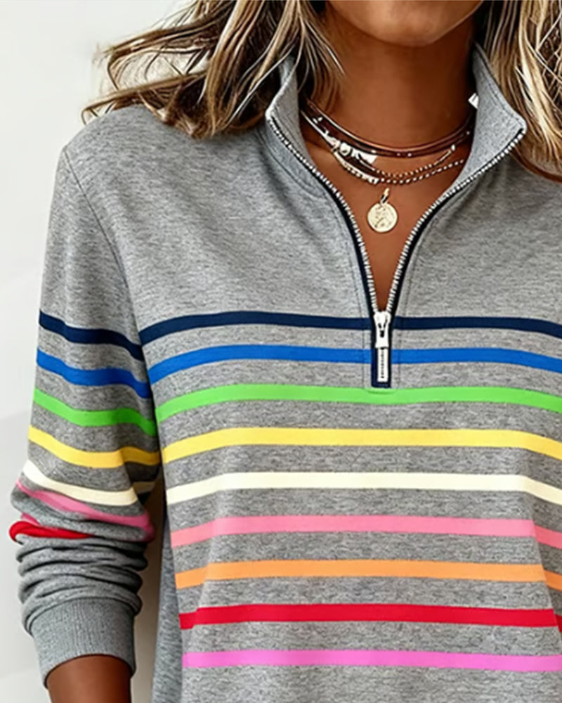 Modisches Sweatshirt Mit Halbem Reißverschluss Und Regenbogenstreifen