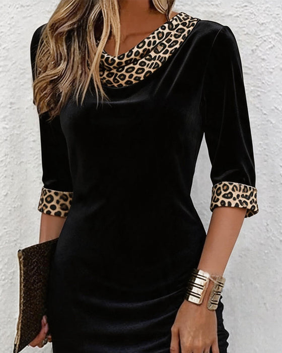 Kleid Drapierter Cowl-Ausschnitt Leopard Druck Dreiviertelarm Anliegend