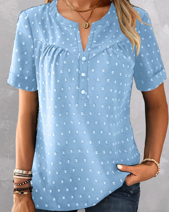 Bluse Jacquard V-Ausschnitt Halbknopfleiste Kurzarm