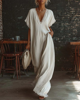 Kleid Unifarben V-Ausschnitt Mode Lang