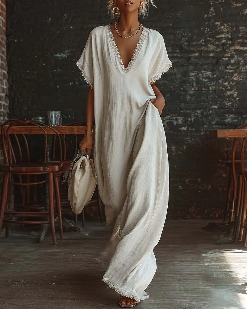 Kleid Unifarben V-Ausschnitt Mode Lang