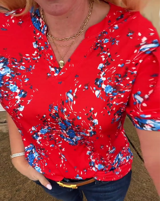 T-Shirt V-Ausschnitt Blumenmuster Kurzarm