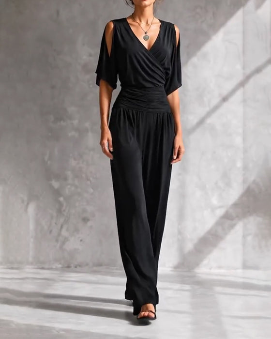 Jumpsuit V-Ausschnitt Crossover Kalte Schulter Taille Tasche
