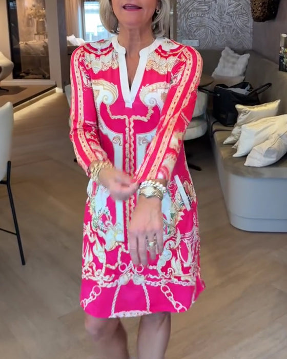 Kleid V-Ausschnitt Dreiviertelarm Bedruckt Gerade