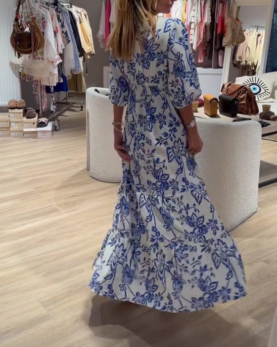 Kleid Tiefer V-Ausschnitt Elegant Blumig Lang