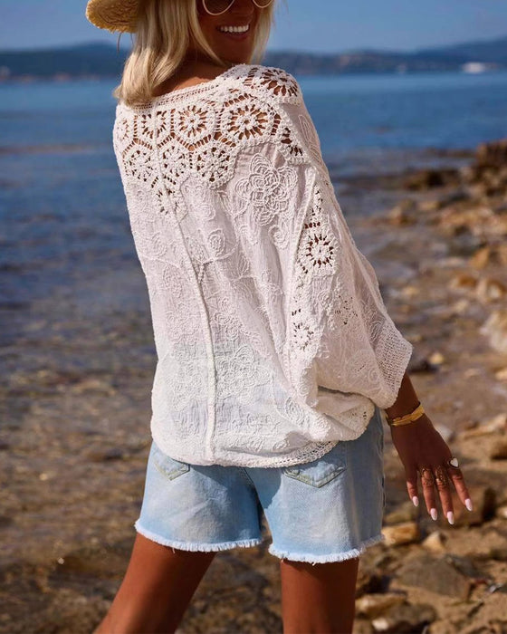 Bluse Ausschnitt Spitze Locker V-Ausschnitt