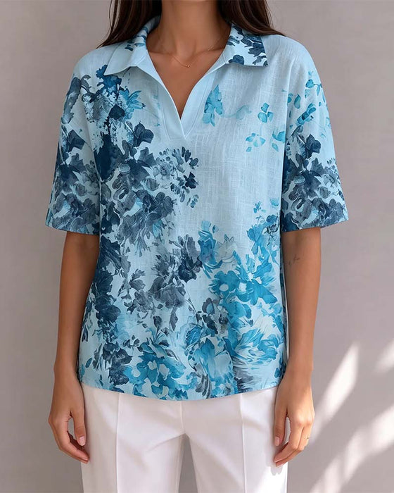 Bluse Tinte Waschen Blumig Revers Halbe Knopfleiste