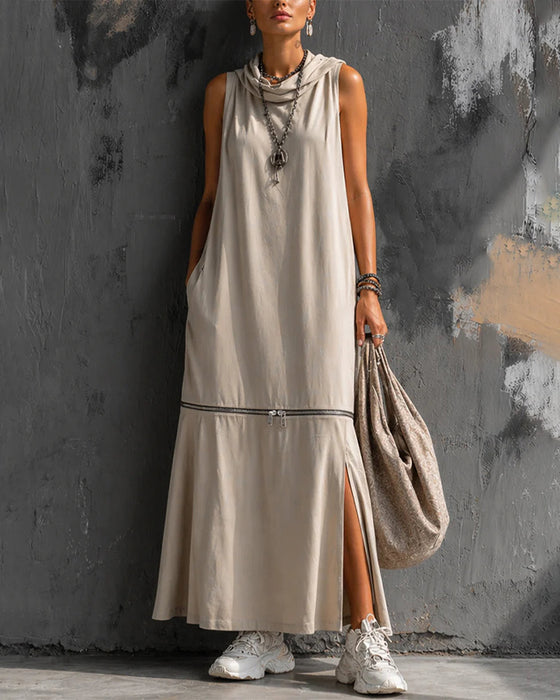 Kleid Cowl Ausschnitt Ärmellos Reißverschluss Schlitz