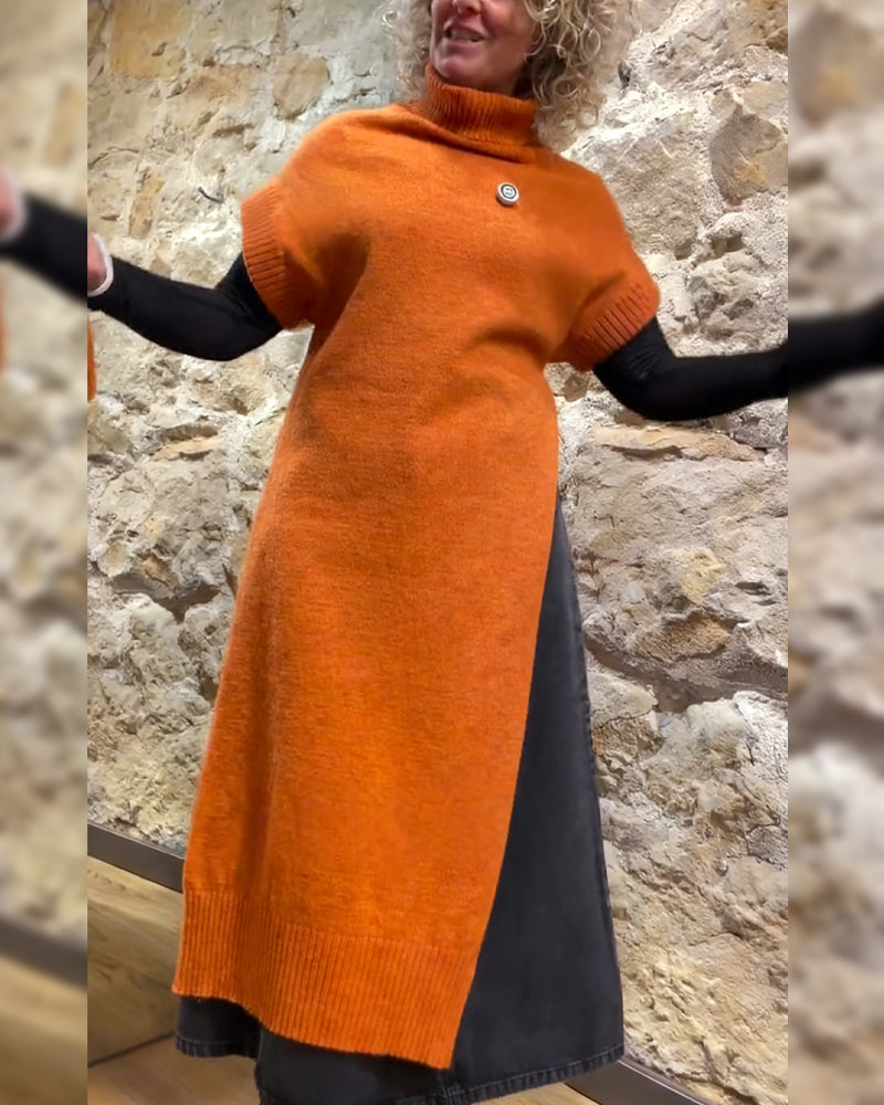 Kurze Ärmel Pullover mit Schlitzen und Rollkragen