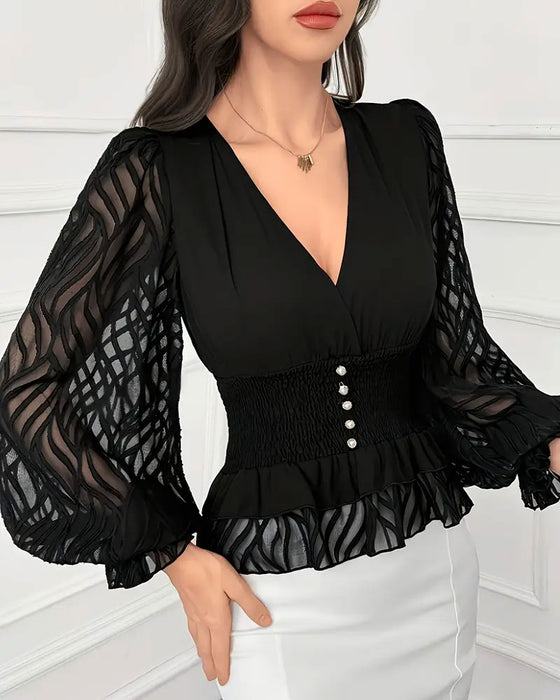 Französische V-Ausschnitt-Bluse Mit Patchwork