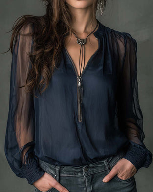 Bluse Halb-Reißverschluss Netz Langärmlig