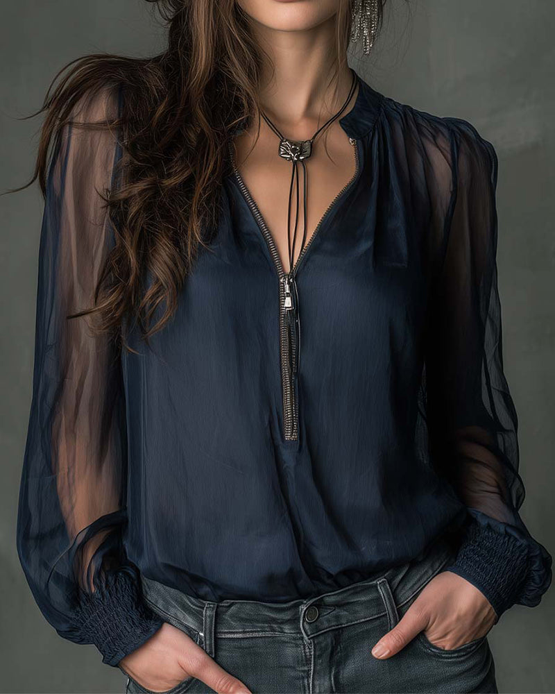 Bluse Halb-Reißverschluss Netz Langärmlig