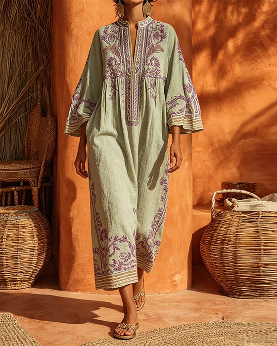 Kleid V-Ausschnitt Ethno-Print Loose Fit