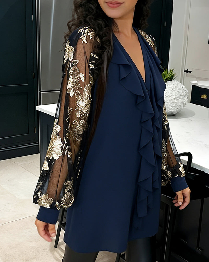 Bluse Modisch Mesh Lotusblatt Locker