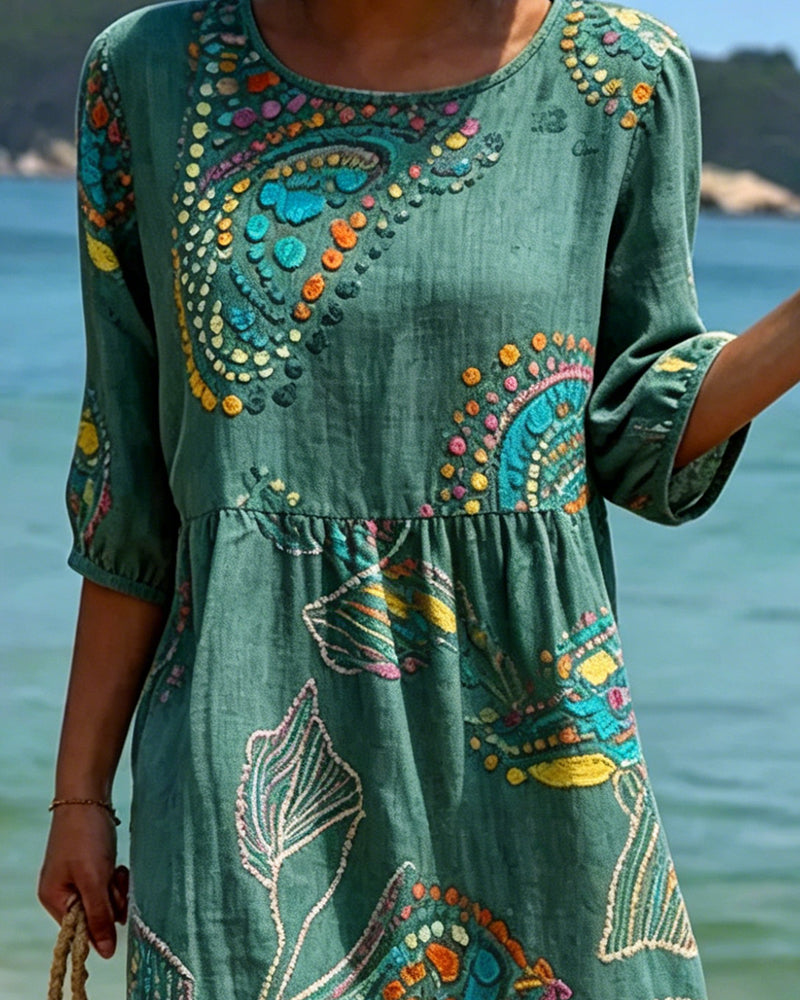 Kleid Print Rundhalsausschnitt Gerafft Lässig
