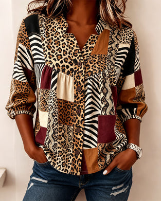 Bluse Leopard Farbblock V-Ausschnitt