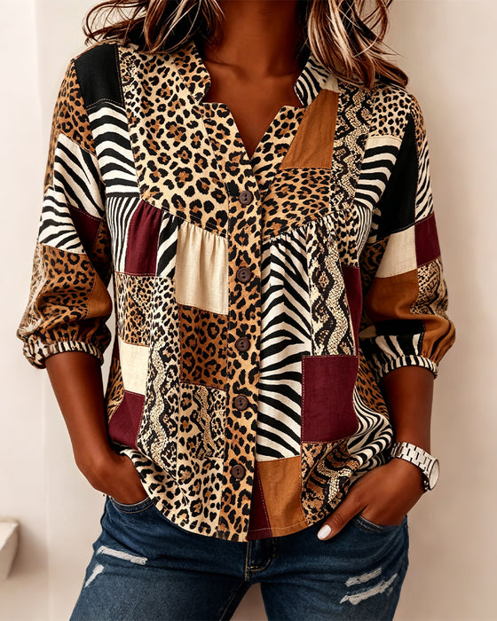 Bluse Leopard Farbblock V-Ausschnitt