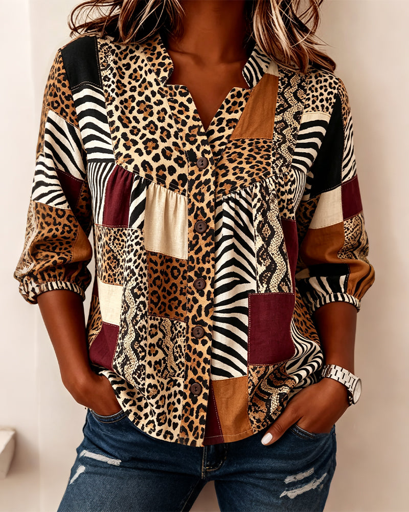 Bluse Leopard Farbblock V-Ausschnitt