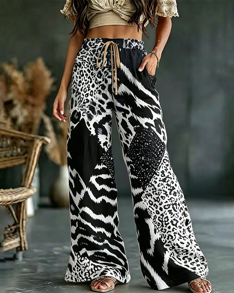 Hose Leoparden Druck Patchwork Weites Bein Casual