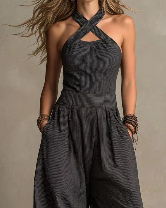 Jumpsuit Halter Kreuz Ärmellos Streifen