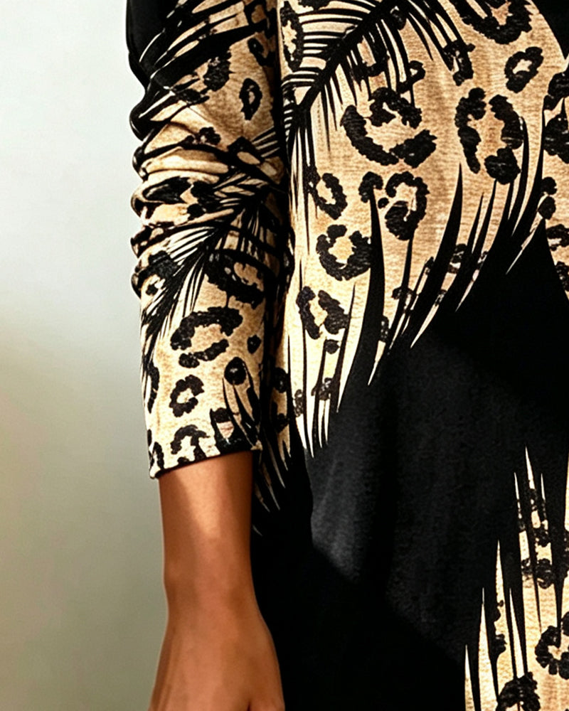 Kleid Leopardenmuster Farbblock Wasserfallkragen
